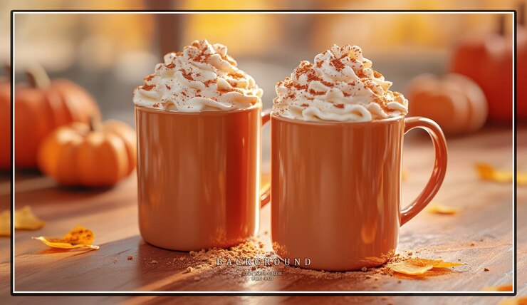 PSD dos tazas de latte de especias de calabaza con crema batida y canela en una mesa de madera con calabazas