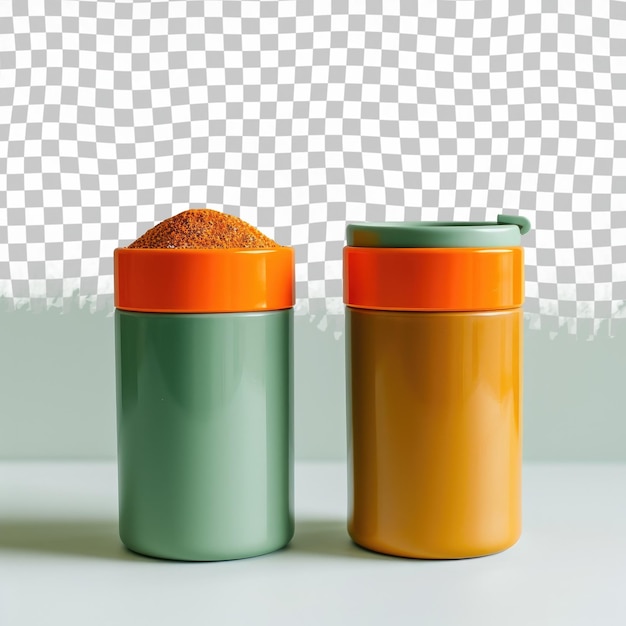 dos tazas de naranja con una que dice café en la parte superior