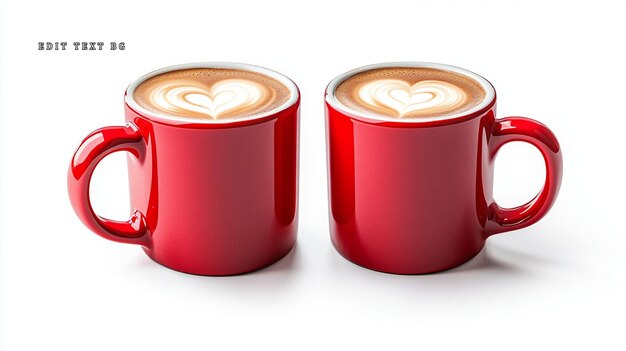 Dos tazas rojas de café latte con diseños de corazón en un fondo blanco