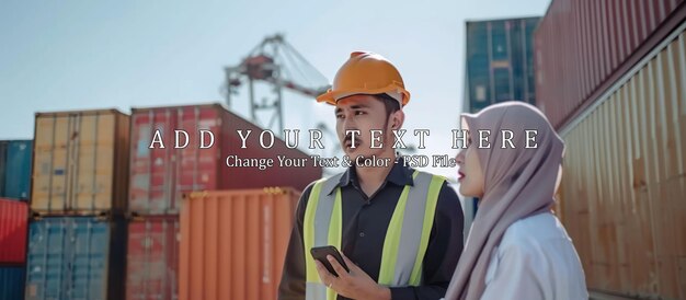 Dos trabajadores discutiendo logística en una terminal de contenedores