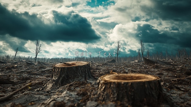 Dos troncos de árboles en un desolado paisaje forestal post-apocalíptico bajo un cielo tormentoso