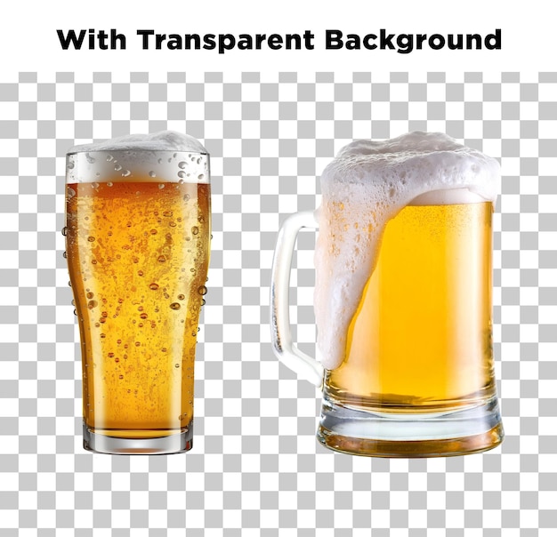 Dos vasos de cerveza fría con un fondo transparente