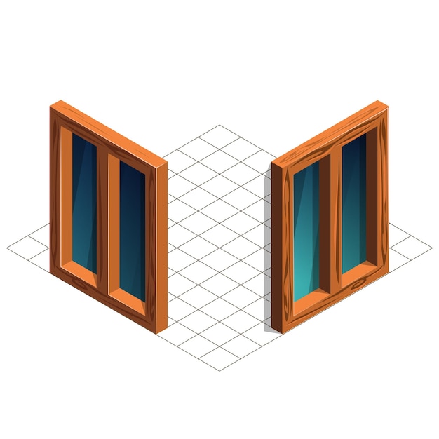 PSD dos ventanas isométricas ventana de madera para los activos del juego