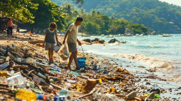 Dos voluntarios limpiando los desechos plásticos de una playa contaminada
