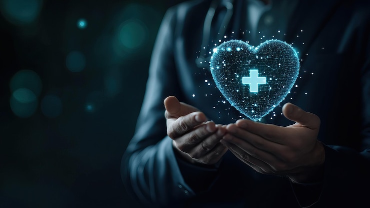 PSD dottore che tiene un cuore digitale con una croce