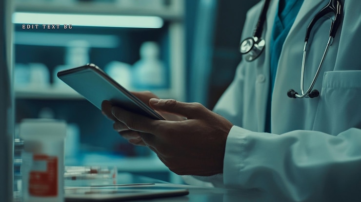 PSD dottore che usa lo smartphone in farmacia