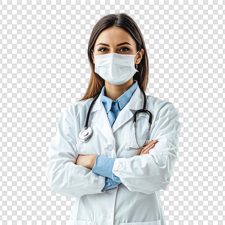 PSD dottoressa in uniforme medica isolata su uno sfondo trasparente