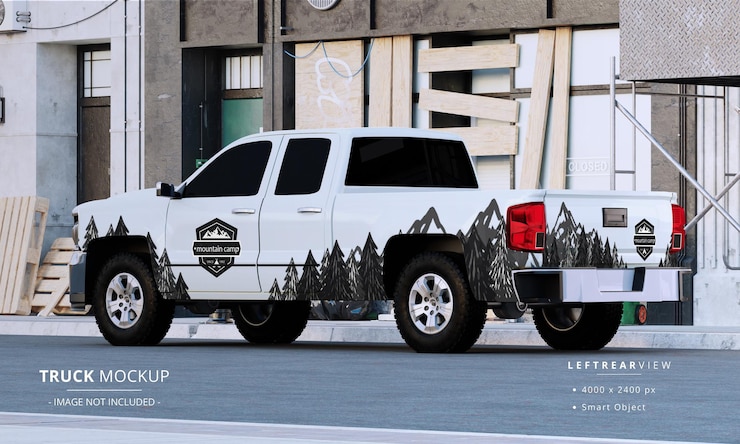 PSD double cabin pickup truck mock up on the street left rear view
