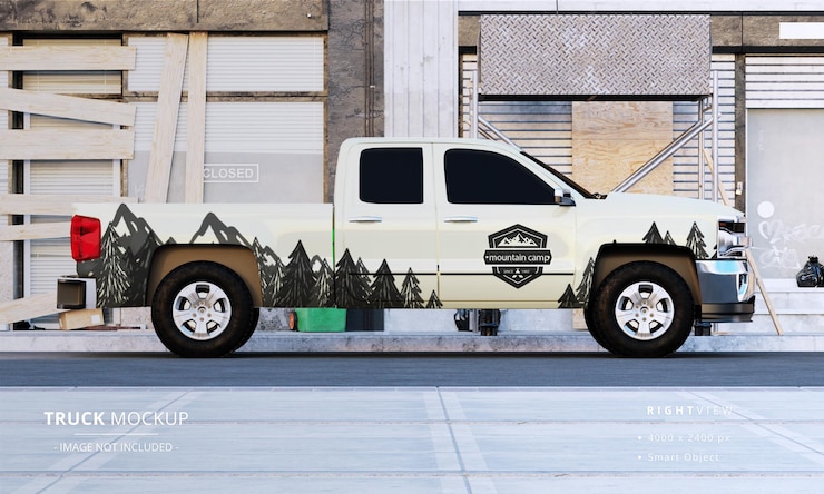 PSD double cabin pickup truck mock up right side view