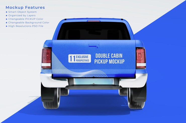 PSD double cabin pickup truck mockup back side view