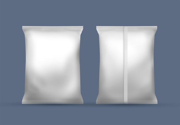 DoubleSide View of Silver Foil Packaging Mockup vor graublauem Hintergrund