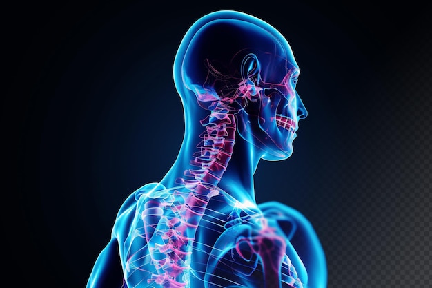 Douleur au cou douleur au cou squelette de la colonne vertébrale cervicale radiographie concept médical fond bleu noir
