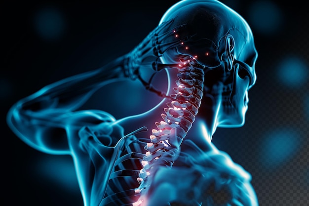 Douleur au cou douleur au cou squelette de la colonne vertébrale cervicale radiographie concept médical fond bleu noir