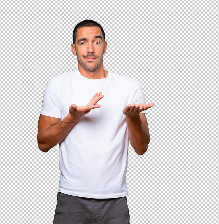 PSD douteux jeune homme tenant quelque chose avec sa main