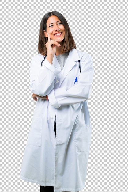 Doutor, mulher, com, estetoscópio, ficar, e, pensando uma idéia