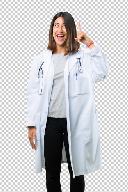 Doutor, mulher, com, estetoscópio, pretendendo, para, perceba, a, solução, enquanto, levantamento, um, dedo cima