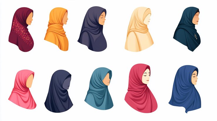 PSD douze femmes différentes en hijab vue de profil de différentes couleurs