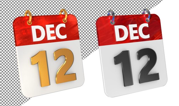 Douzième 12 décembre Date Icône 3D isolée Amplificateur doré Glossy Rendering 3D