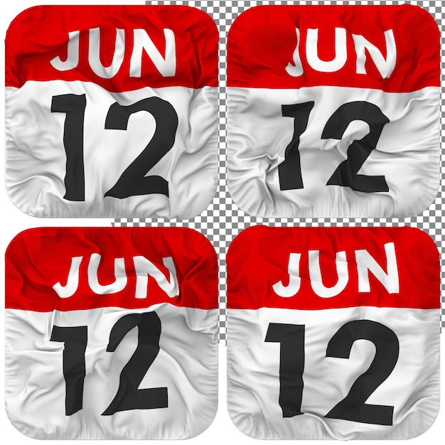 Douzième 12 juin Icône de calendrier de date isolée Quatre Style de ondulation Texture de bosse Rendu 3D