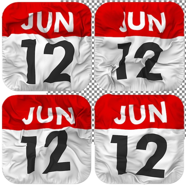 Douzième 12 Juin Icône De Calendrier De Date Isolée Quatre Style De Ondulation Texture De Bosse Rendu 3d