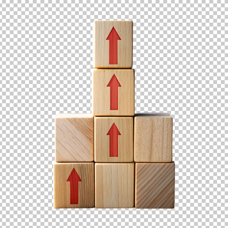 PSD down arrow on wood block stacking business concept