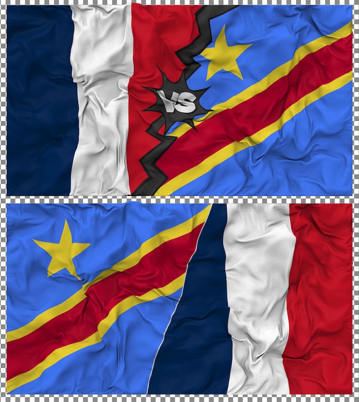 PSD dr congo vs france half combined flag cloth bump texture 3d rendering