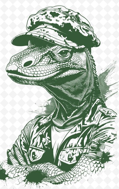 PSD dragão de komodo com um boné militar e uma expressão severa pos animais sketch art vector collections