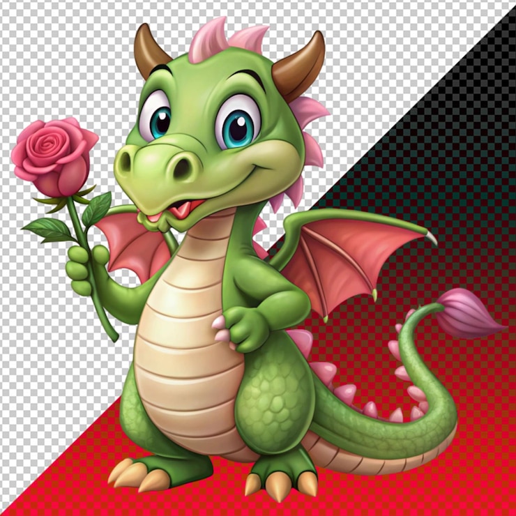 PSD drago dei cartoni animati con una rosa rosa su uno sfondo trasparente