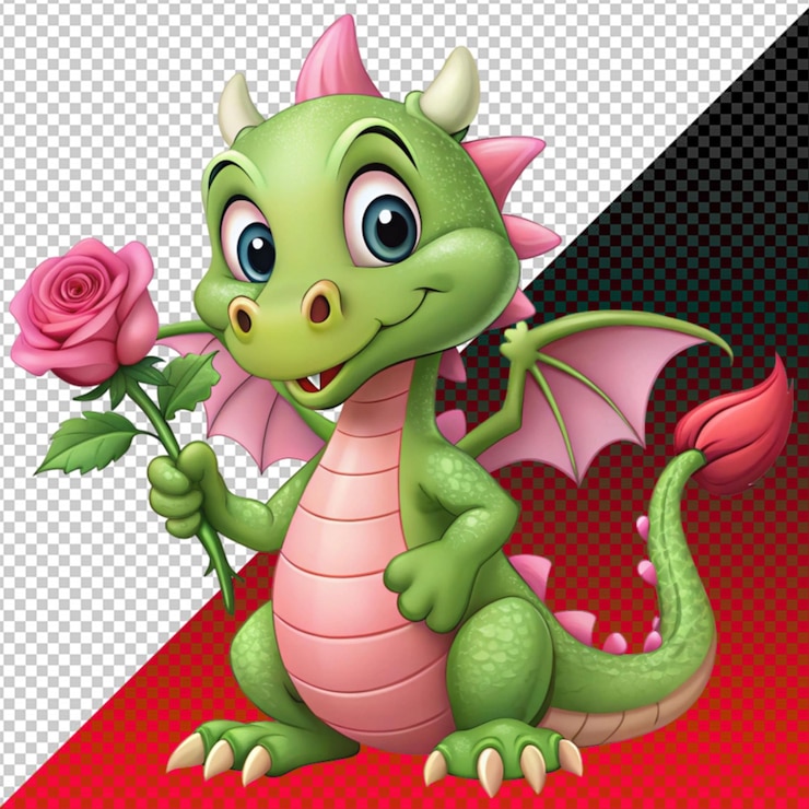 PSD drago dei cartoni animati con una rosa rosa su uno sfondo trasparente