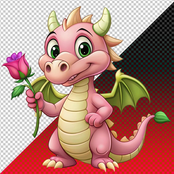 PSD drago dei cartoni animati con una rosa rosa su uno sfondo trasparente