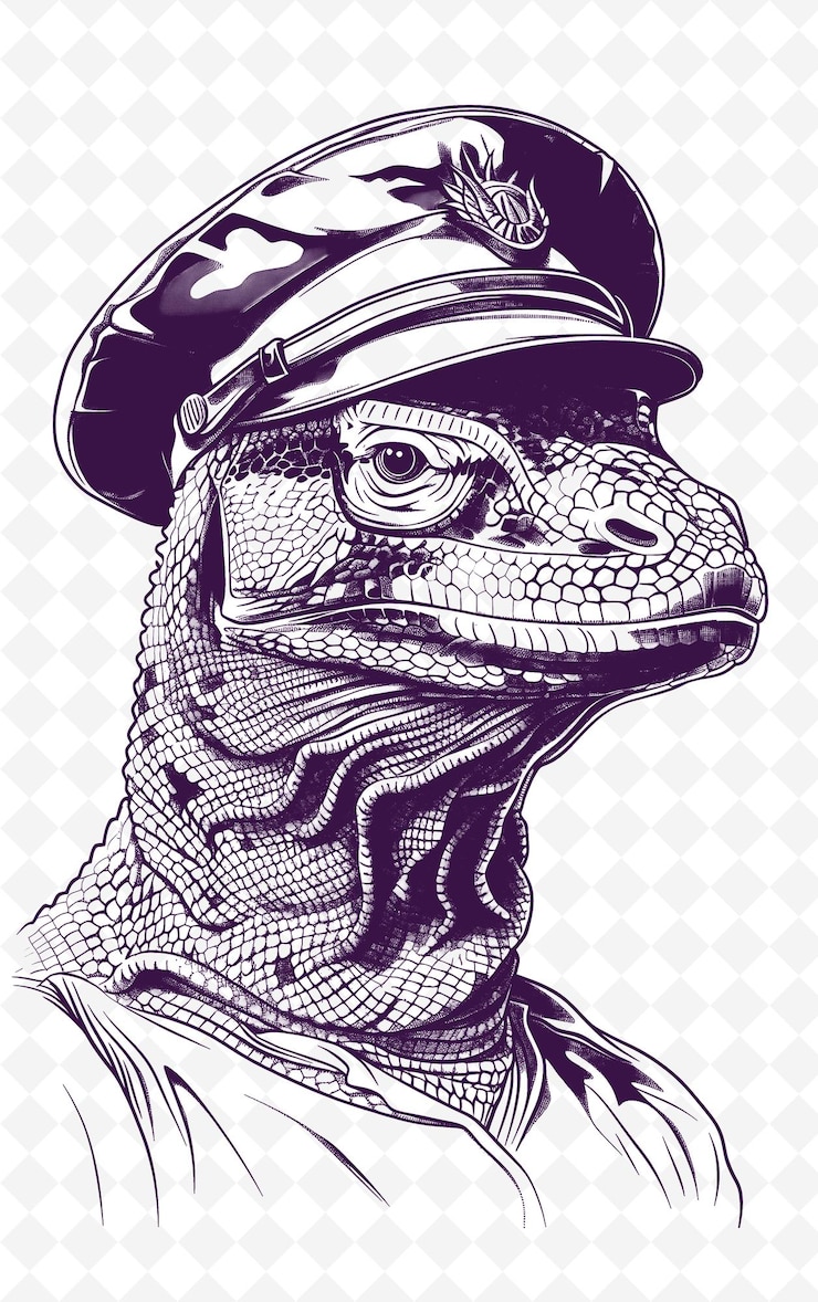 PSD drago di komodo con un berretto militare e un'espressione severa pos animali sketch art collezioni vettoriali