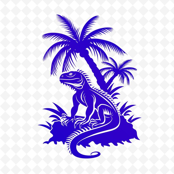 PSD un dragón azul con palmeras en un fondo blanco