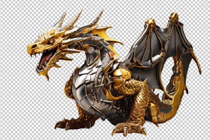 PSD un dragón con un cuerpo dorado y un dragón negro en la espalda