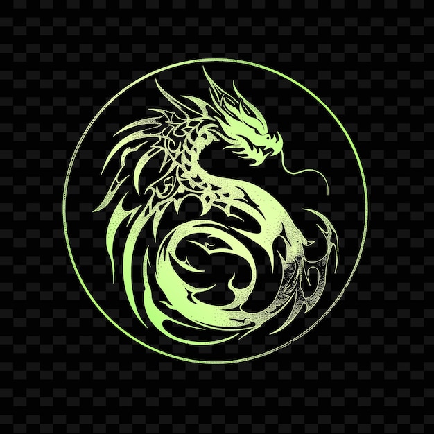 PSD un dragon avec un fond vert et un fond noir avec un cercle doré