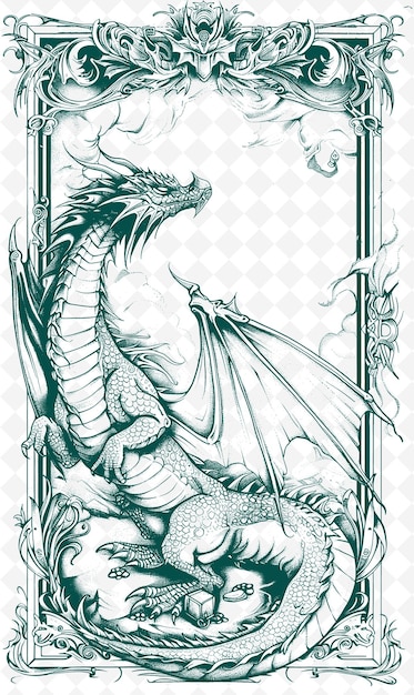 PSD un dragon avec un fond vert et les mots dragon et les paroles dragon sur lui