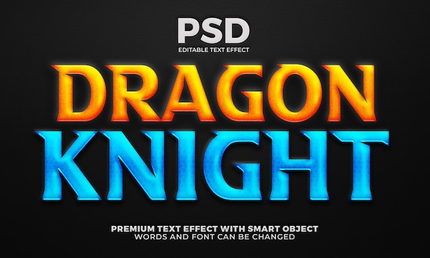 Dragon knight, héroe de dibujos animados, juego épico, efecto de texto editable en 3d