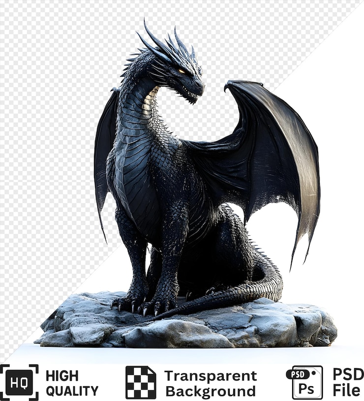 PSD dragón negro con las alas extendidas sentado en rocas aislado sobre un fondo transparente