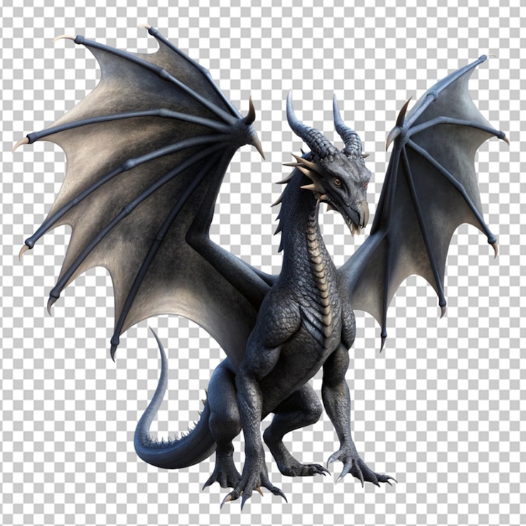 PSD dragón negro volando con las alas extendidas sobre un fondo transparente