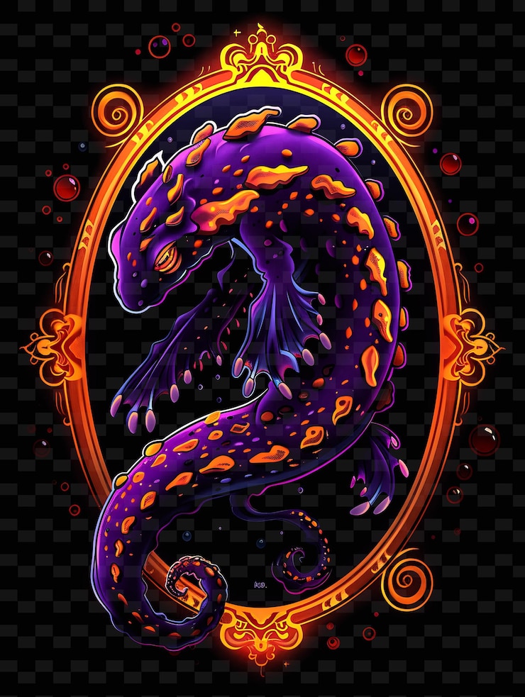 PSD un dragón púrpura con colores naranja y púrpura está en un fondo negro