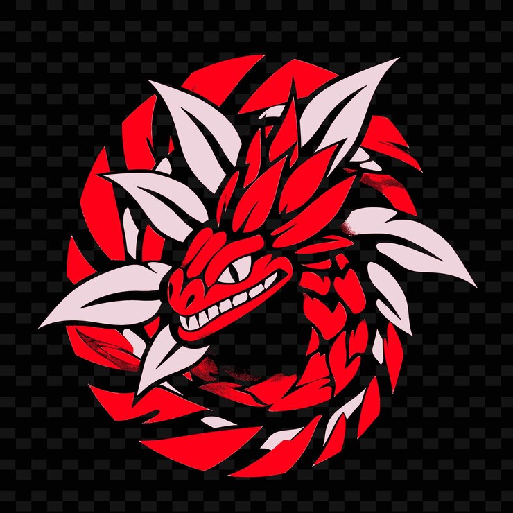 PSD un dragón rojo con un fondo rojo y un fondo negro con un dragón blanco en él