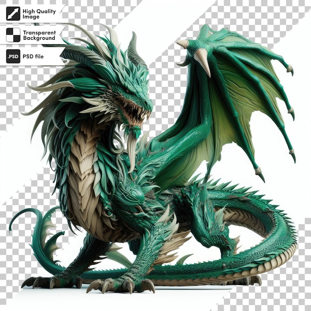 Dragón verde psd en fondo transparente con capa de máscara editable