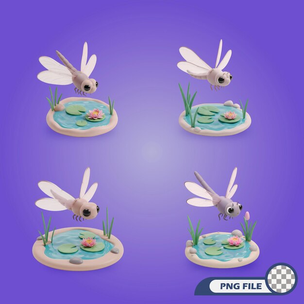Dragonfly fliegt über winzige Teiche mit Lily Pads 3D-Render