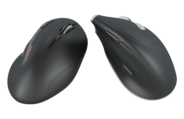 Drahtlose Computermaus und ergonomische drahtlose vertikale Computermaus 3D-Rendering isoliert auf transparentem Hintergrund