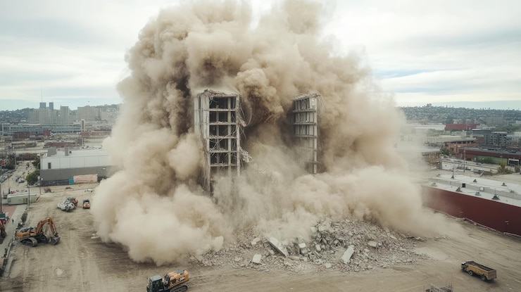 PSD dramática demolición una torre se desmorona en medio de una nube de polvo y escombros implosión controlada capturada en una impresionante vista aérea