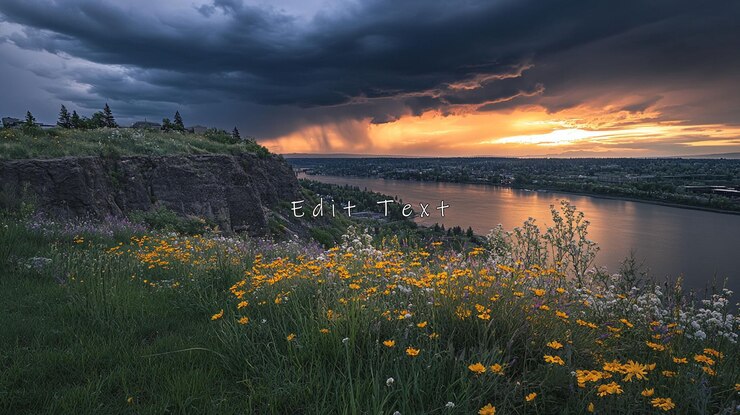 PSD dramática puesta de sol sobre el valle del río con flores silvestres