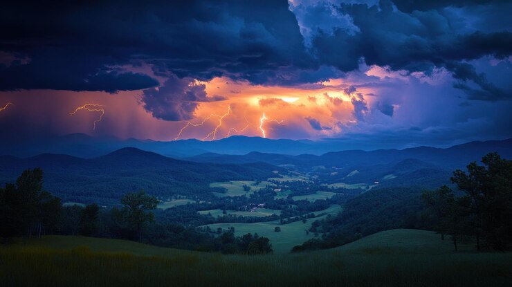 PSD dramática tormenta de relámpagos sobre el valle de la montaña por la noche