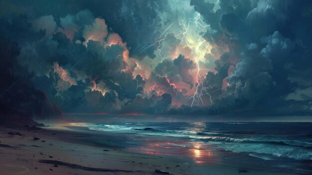 Una dramática tormenta de truenos se desata sobre una playa de arena con relámpagos golpeando las nubes oscuras por encima
