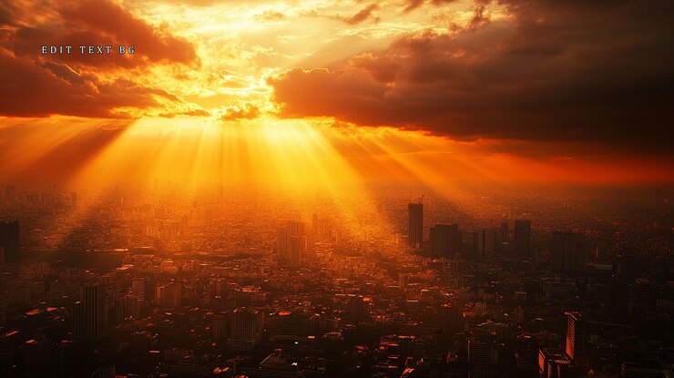 PSD los dramáticos rayos del atardecer rompen a través de las nubes oscuras sobre el horizonte de una extensa ciudad