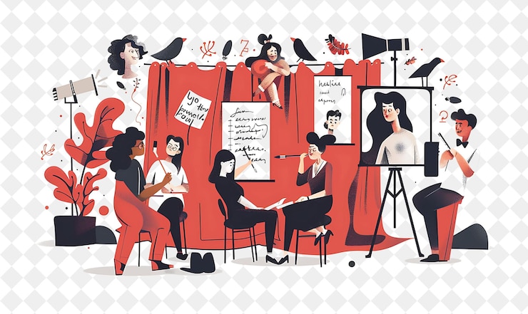 PSD dramaturgo con personajes escribiendo y produciendo pl png gente en el trabajo diario ilustración