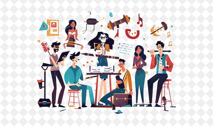 PSD dramaturgo con personajes escribiendo y produciendo pl png gente en el trabajo diario ilustración